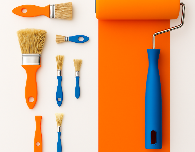 Pro Home Services – Handyman painting services Paint brushes and roller on white and orange surface, ready for Croydon handyman painting services by Pro Home Services