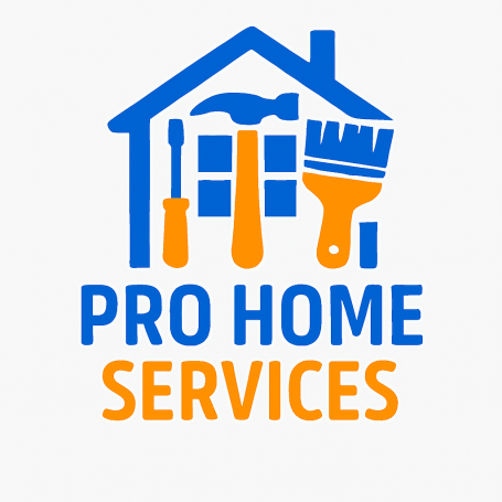 Pro Home Services Logo containing an outline of a house with a screwdriver, hammer and paintbrush inside the house in blue and orange colours - Handyman Croydon