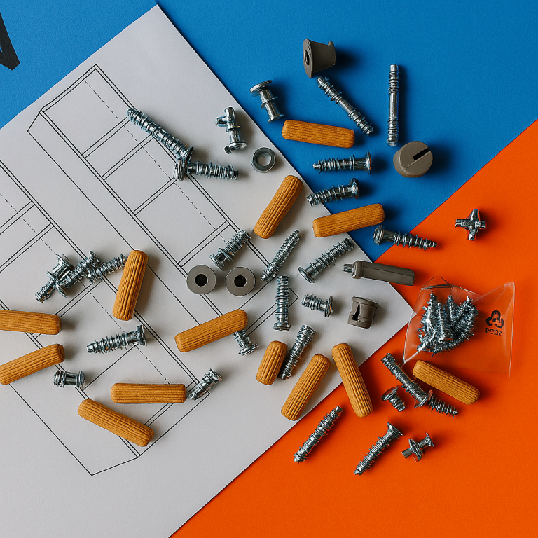 Pro Home Services – Handyman flat pack furniture Pro Home Services – Flat‑lay of screws, dowels, and hardware on blue and orange with handyman furniture assembly in Croydon
