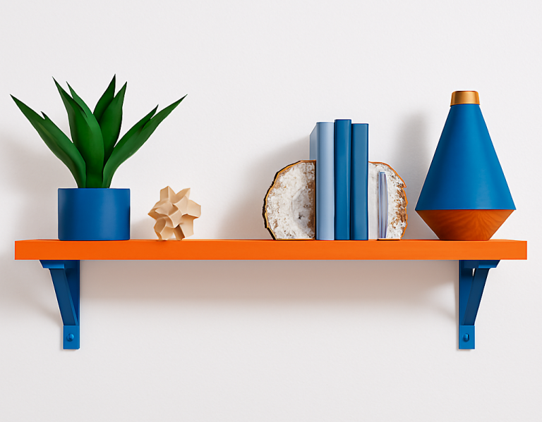 Pro Home Services – Modern Wall Shelf with Pictures and Frames Pro Home Services – Modern wall shelf with pictures and picture frames in orange and blue - handyman services Croydon and surrounding areas