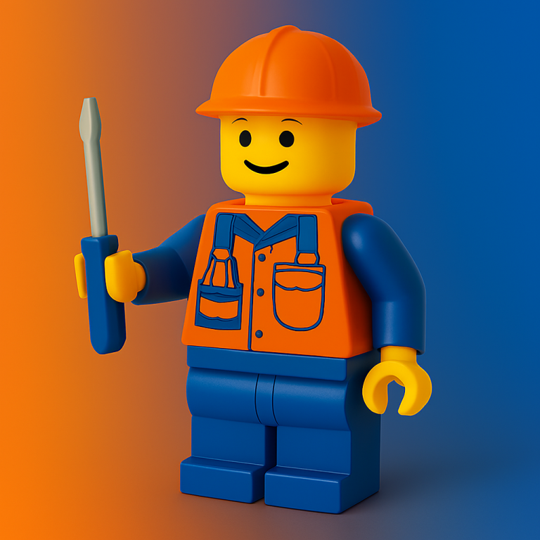Pro Home Services Handyman colour branded LEGO handyman A smiling LEGO handyman figure in an orange hard hat, holding a screwdriver, wearing a blue and orange outfit.